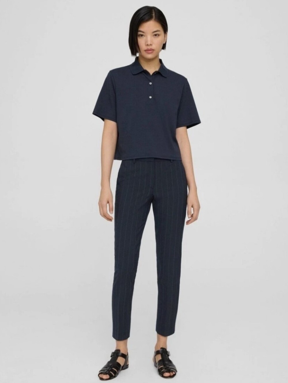 Theory Treeca 2 Mod Stripe Navy Blue Wool Pinstripe Slim Cropped Pants